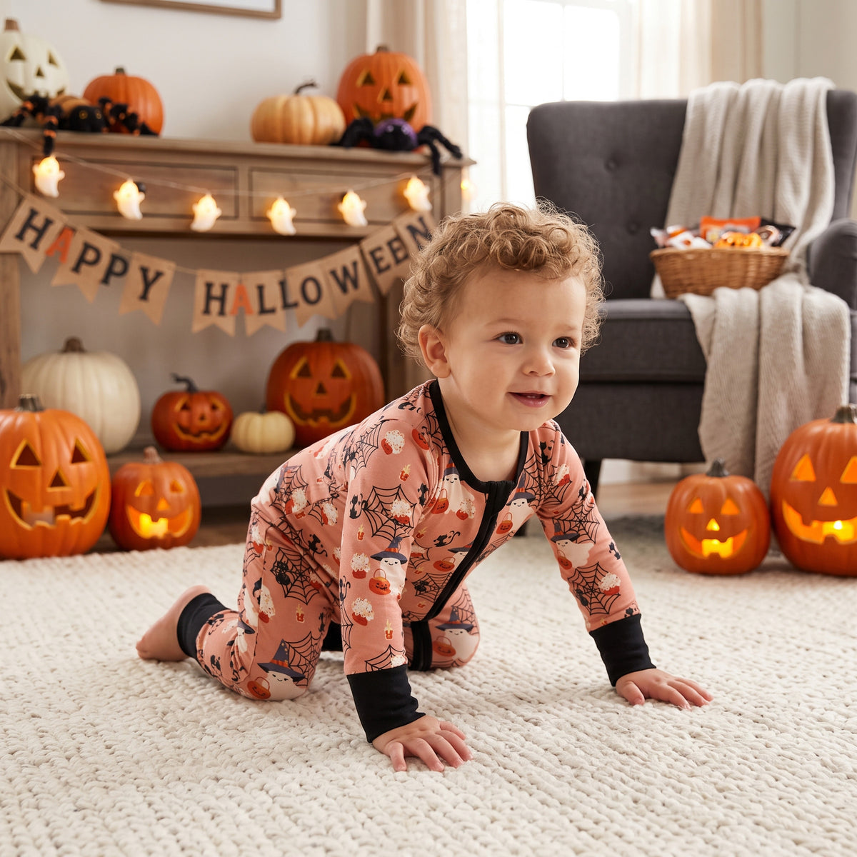 LR3250 Ghost Web Print Baby Halloween Long Sleeve Zipper Sleeper Romper
