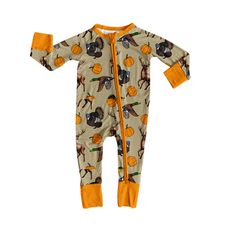 8.8 LR3251 Preorder Animals Pumpkin Print Baby Boys Fall Zipper Sleeper Romper