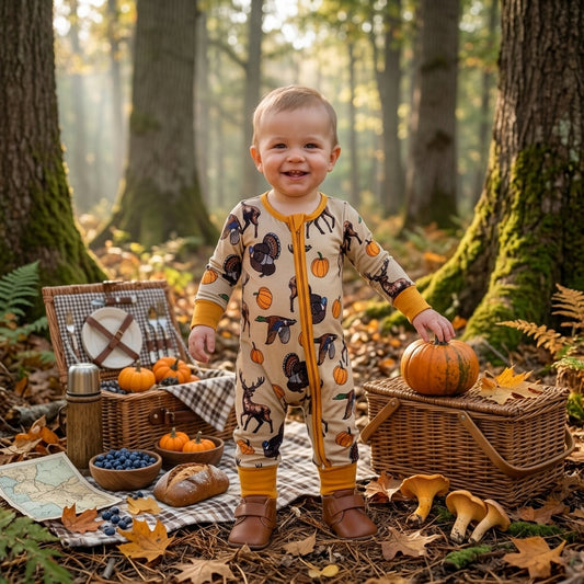 LR3251 Animals Pumpkin Print Baby Boys Fall Zipper Sleeper Romper