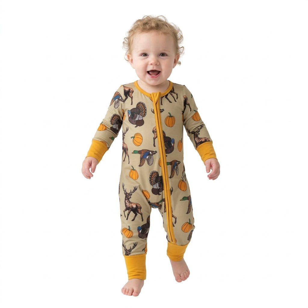 LR3251 Animals Pumpkin Print Baby Boys Fall Zipper Sleeper Romper