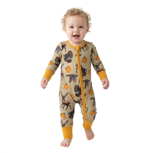 LR3251 Animals Pumpkin Print Baby Boys Fall Zipper Sleeper Romper