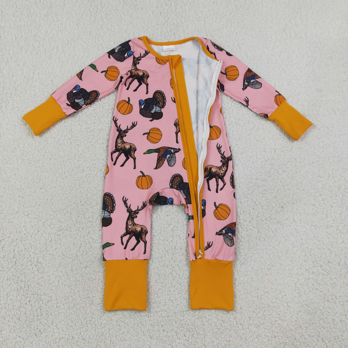 Animals Pumpkin Pink Print Baby Girls Fall Zipper Sleeper Romper