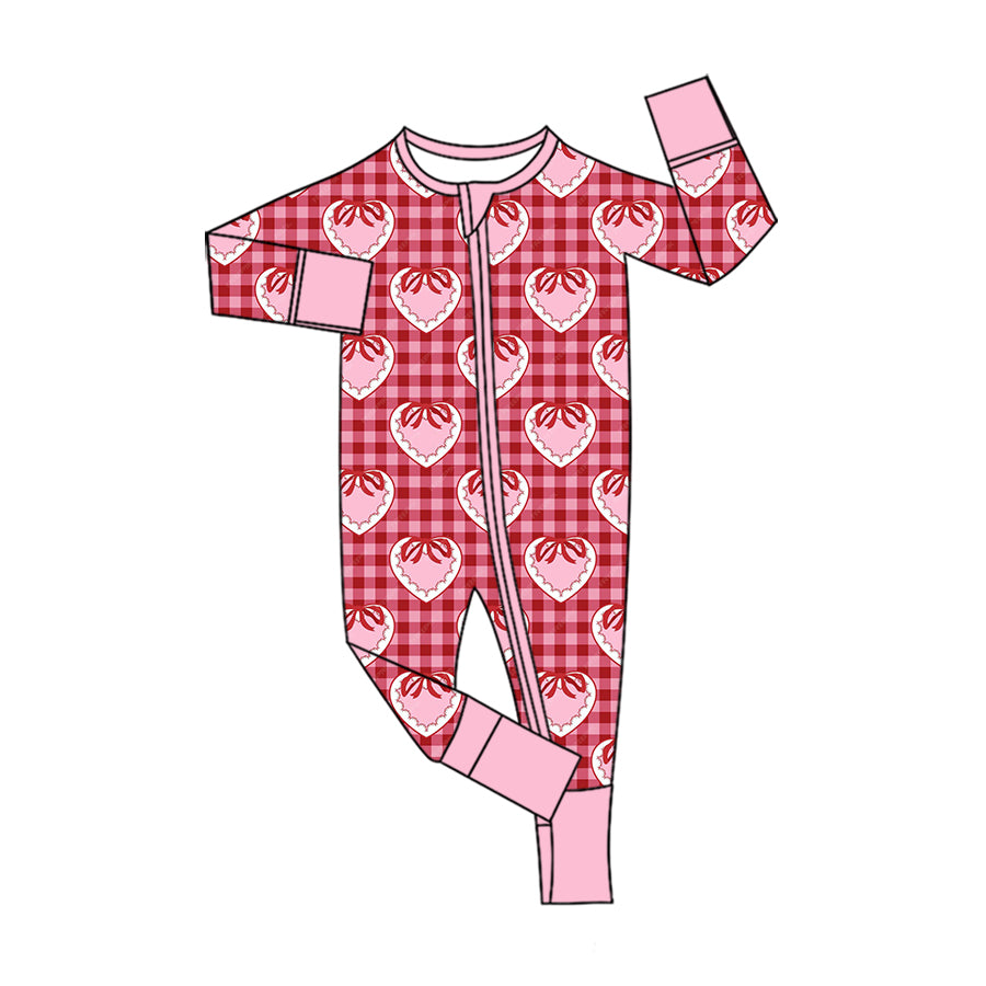 8.10 LR3257 Preorder Hearts Pink Bows Checkered Print Baby Girls Valentine's Day Long Sleeve Zipper Sleeper Romper