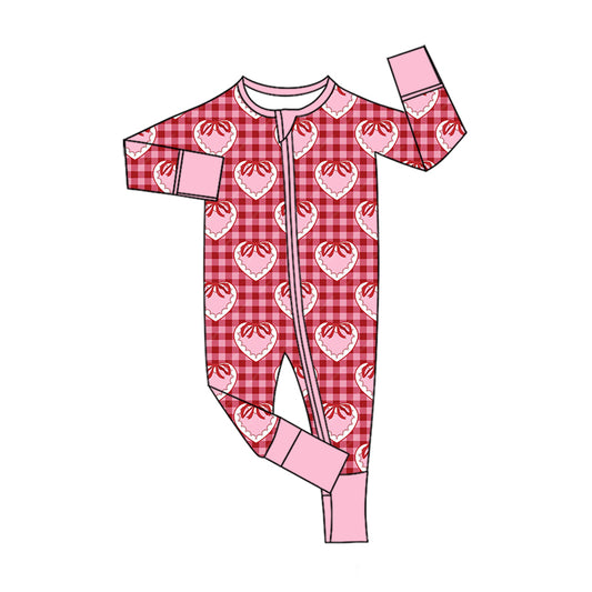8.10 LR3257 Preorder Hearts Pink Bows Checkered Print Baby Girls Valentine's Day Long Sleeve Zipper Sleeper Romper