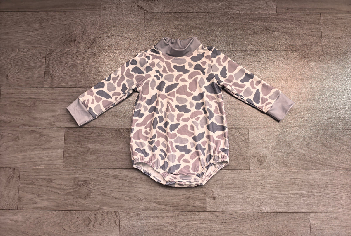 8.11   Preorder Baby Boys Grey Camo Long Sleeve Bubble Romper