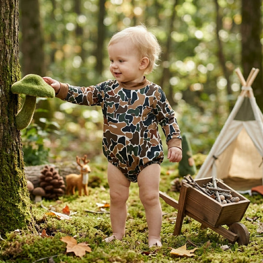 LR3261 Brown Camo Baby Mock Neck Long Sleeve Bubble Romper