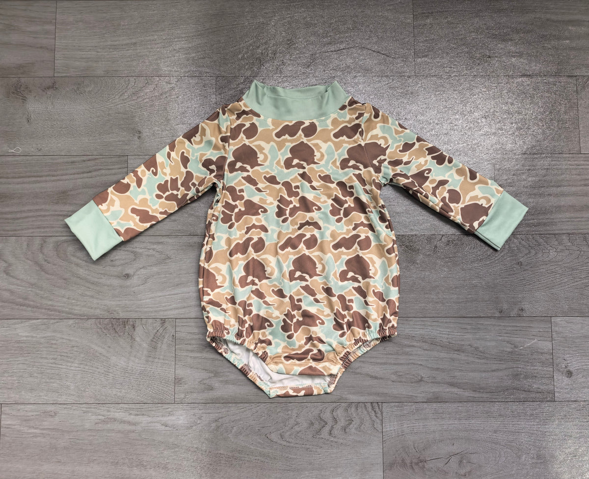 8.11   Preorder Baby Boys Blue Camo Long Sleeve Bubble Romper