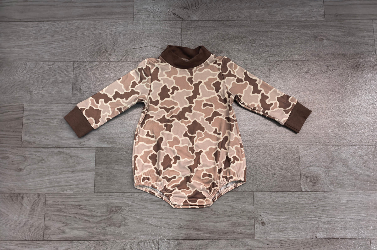 8.11   Preorder Baby Boys Khaki Camo Long Sleeve Bubble Romper