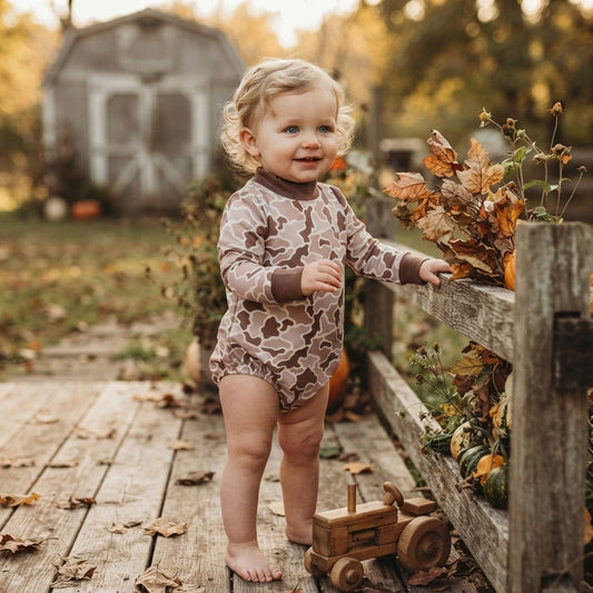 LR3263 Brown Camo Baby Mock Neck Long Sleeve Bubble Romper
