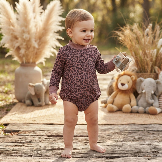 LR3264 Brown Leopard Baby Girls Mock Neck Long Sleeve Bubble Romper