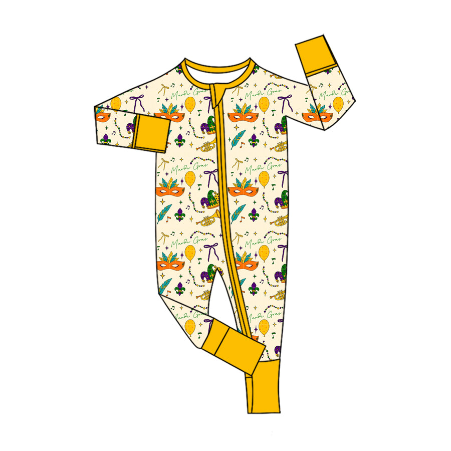 8.11   Preorder Baby Boys Mardi Gras Mask Long Sleeve Zipper Romper