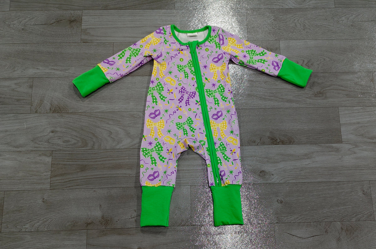 8.11   Preorder Baby Boys Mardi Gras Gingham Bow Long Sleeve Zipper Romper