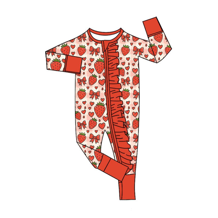 8.12 LR3276 Preorder Strawberry Bows Hearts Print Baby Girls Valentine's Day Zipper Sleeper Romper