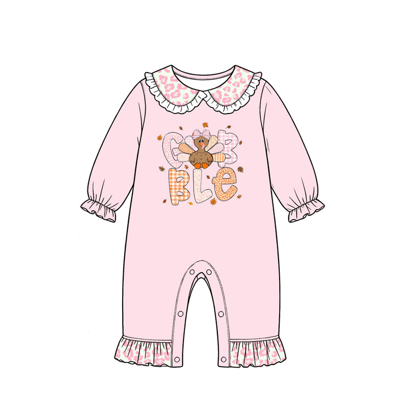 8.12 LR3278 Preorder Gobble Turkey Pink Print Baby Girls Thanksgiving Romper