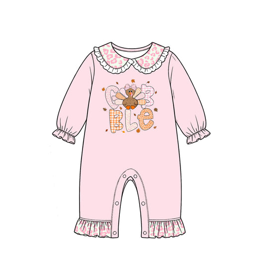 8.12 LR3278 Preorder Gobble Turkey Pink Print Baby Girls Thanksgiving Romper
