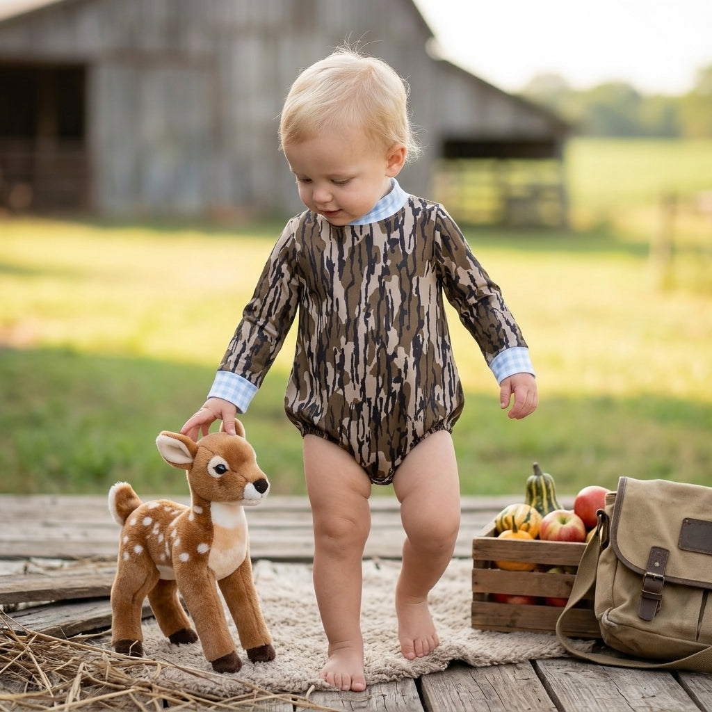 LR3279 Camo Baby Mock Neck Long Sleeve Bubble Romper