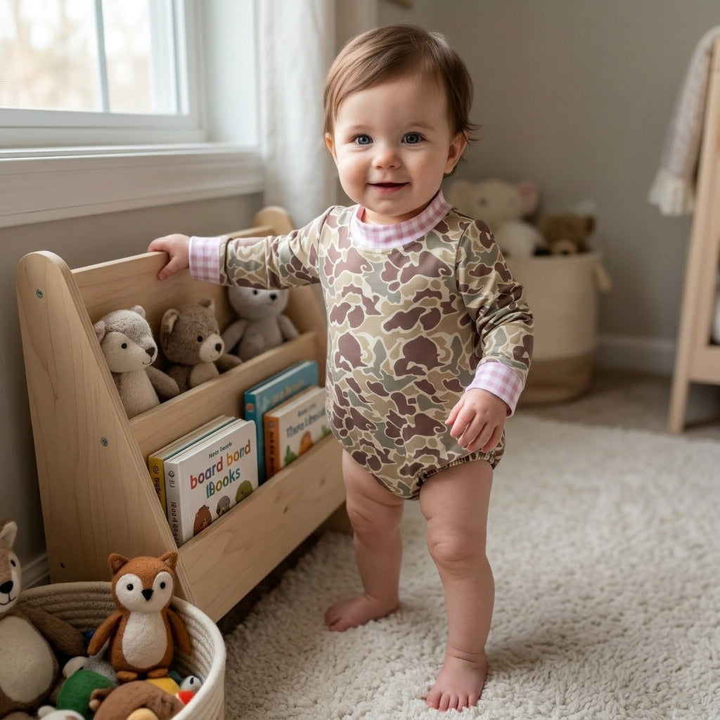 LR3280 Brown Camo Baby Mock Neck Long Sleeve Bubble Romper