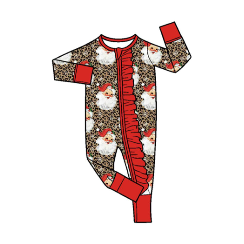 8.15 LR3302 Preorder Santa Leopard Print Baby Girls Christmas Zipper Sleeper Romper