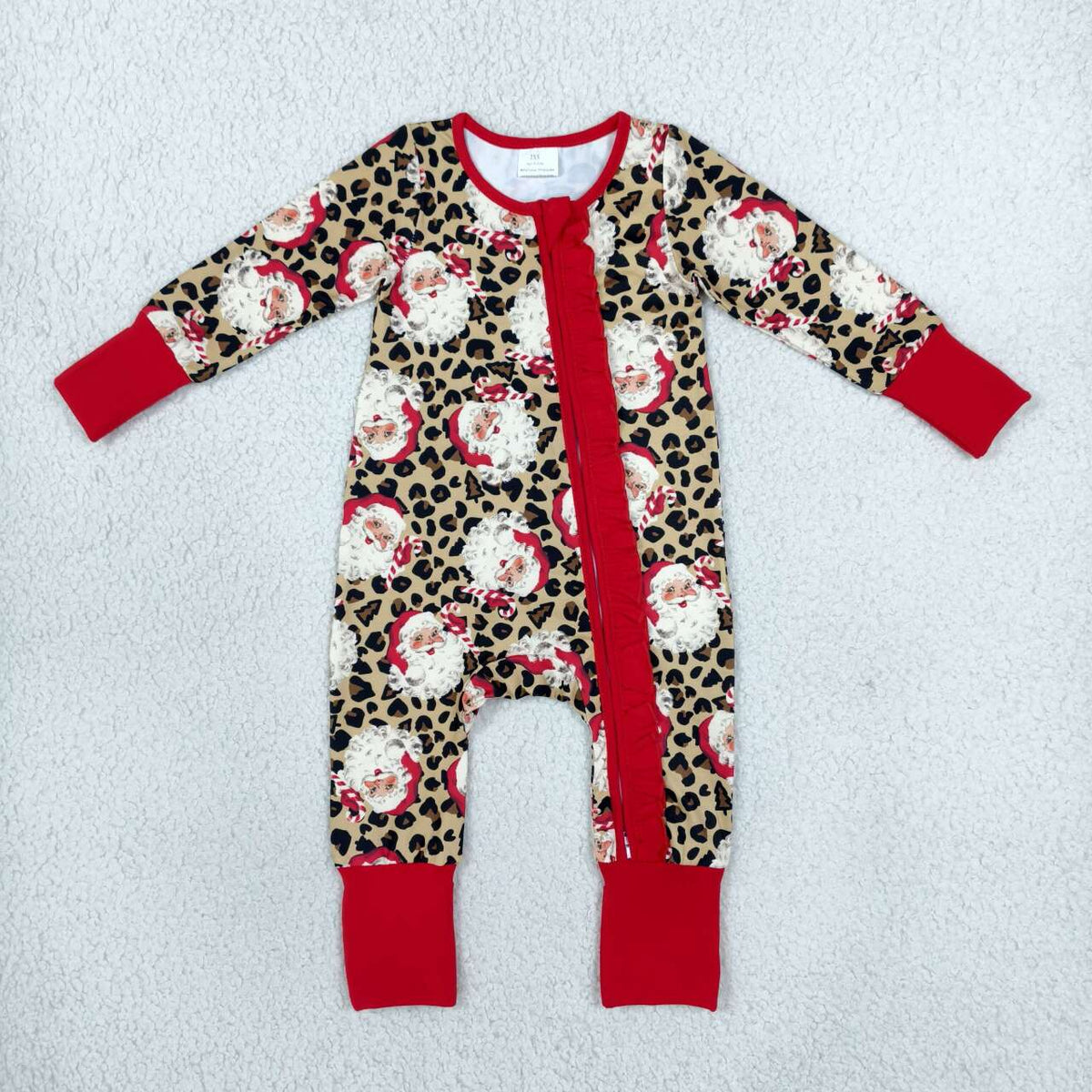 LR3302 Santa Leopard Print Baby Girls Christmas Zipper Sleeper Romper