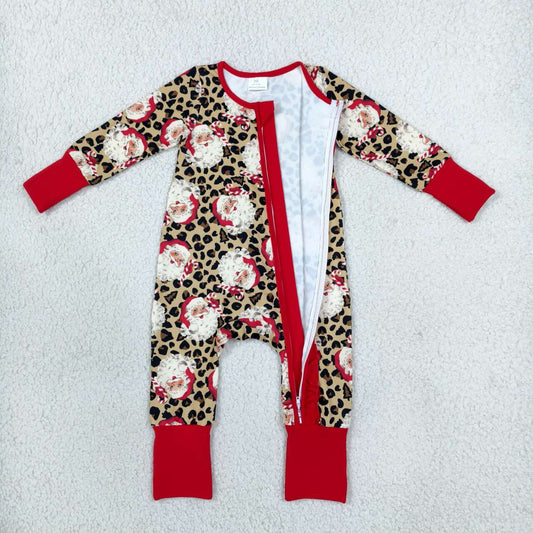 LR3302 Santa Leopard Print Baby Girls Christmas Zipper Sleeper Romper