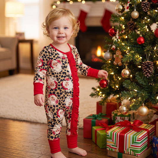 LR3302 Santa Leopard Print Baby Girls Christmas Zipper Sleeper Romper