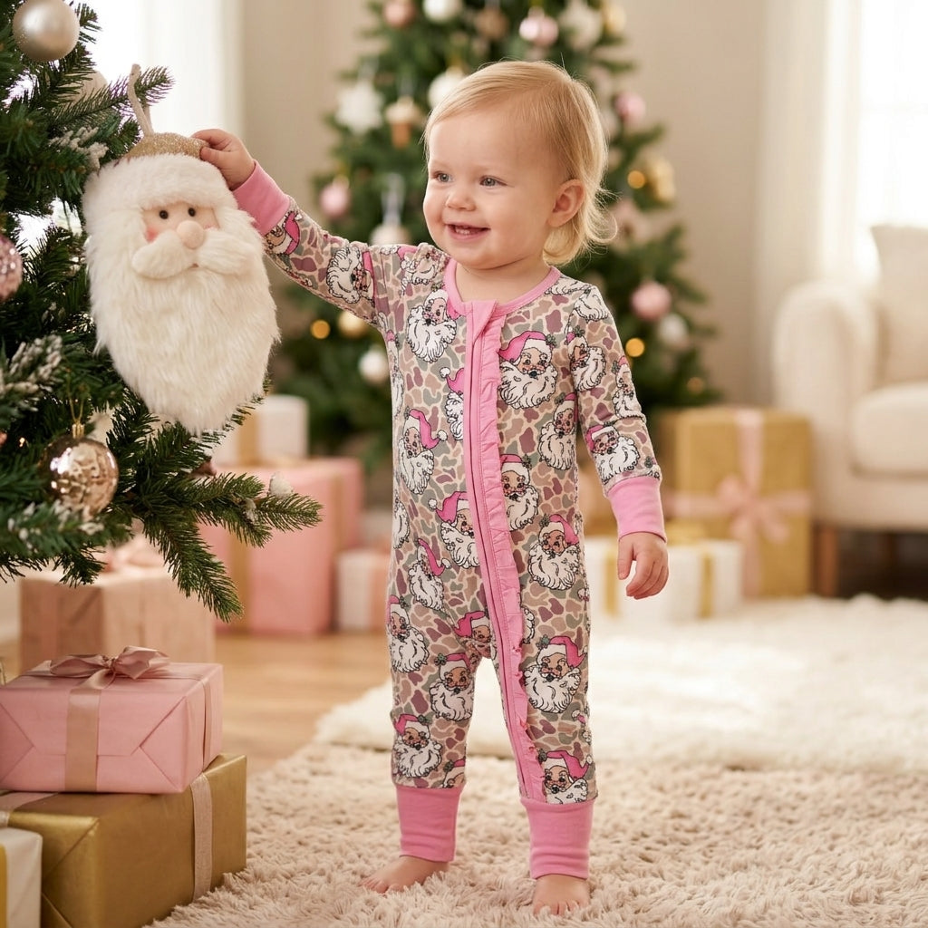 LR3305 Santa Camo Print Baby Girls Christmas Zipper Sleeper Romper