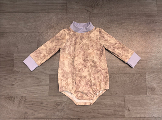 8.20 LR3307 Preorder Baby Girls Camo Blue Trim Mock Neck Romper