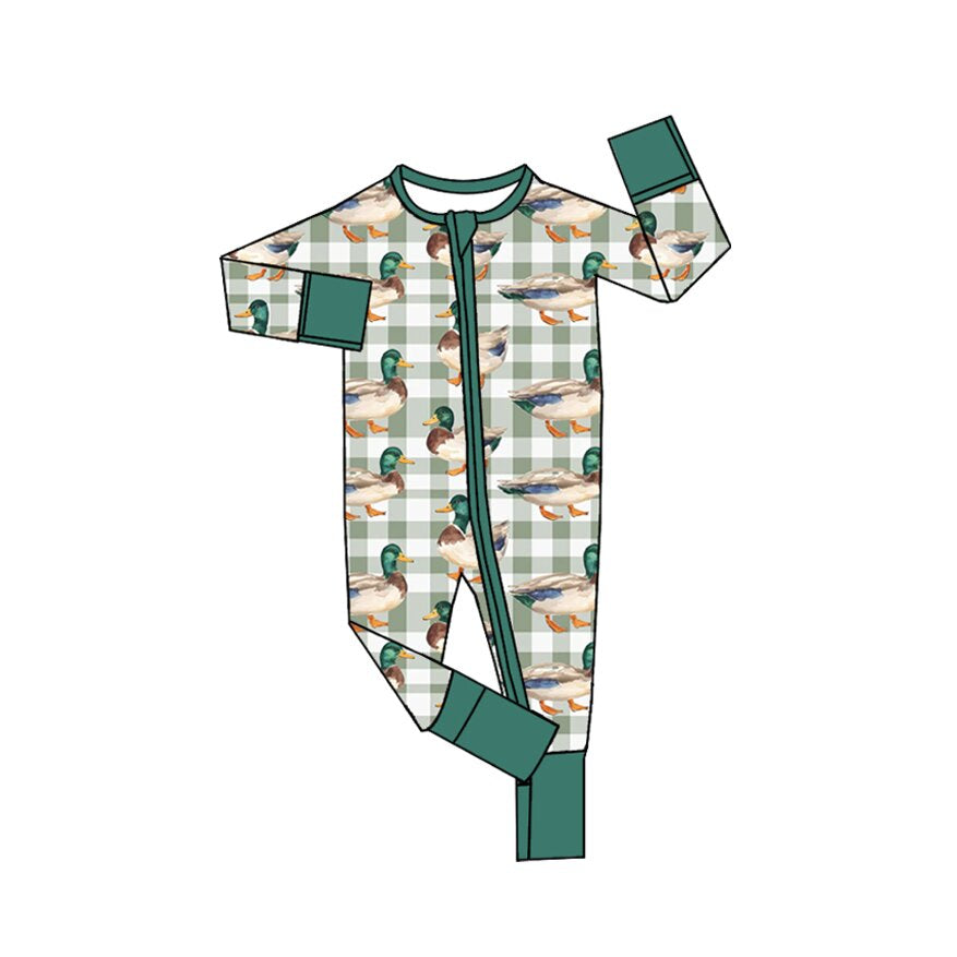 8.26 LR3312 Preorder Baby Girls Mallard Duck Green Long Sleeve Zipper Romper