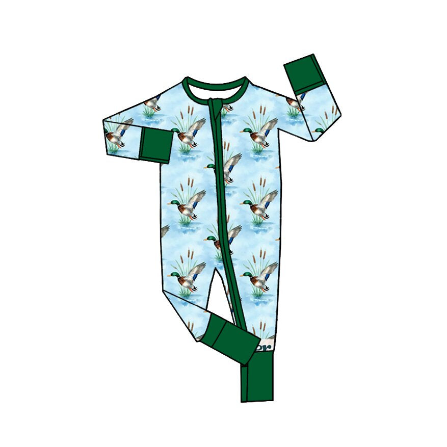 8.26 LR3313 Preorder Baby Girls Mallard Duck Blue Long Sleeve Zipper Romper