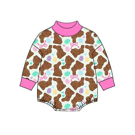 8.27 LR3322 Preorder Bunny Bows Eggs Print Baby Girls Easter Mocknecks Romper