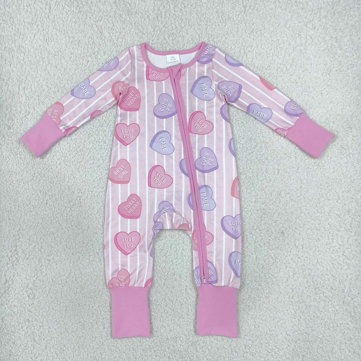 LR3325 Baby Girls Pink Heart Valentine's Day Long Sleeve Zipper Romper