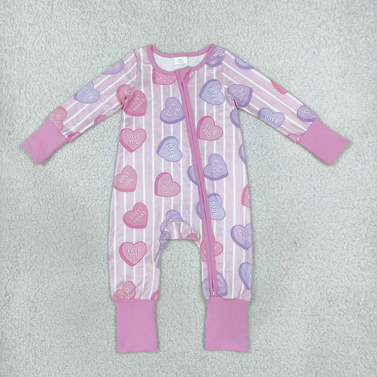 LR3325 Baby Girls Pink Heart Valentine's Day Long Sleeve Zipper Romper