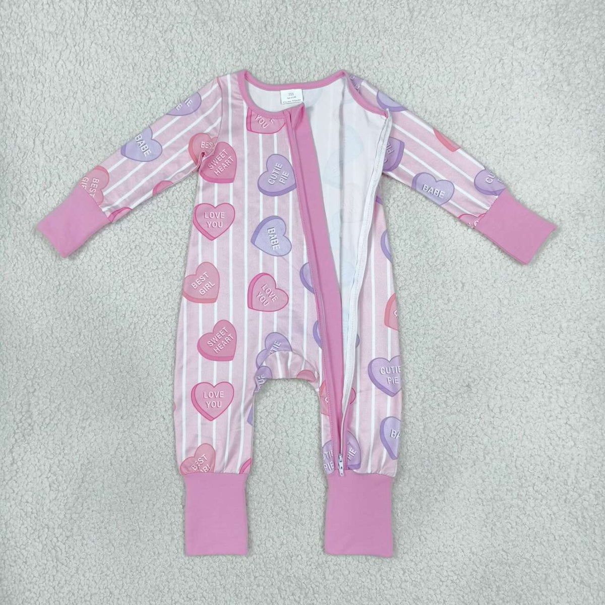 LR3325 Baby Girls Pink Heart Valentine's Day Long Sleeve Zipper Romper