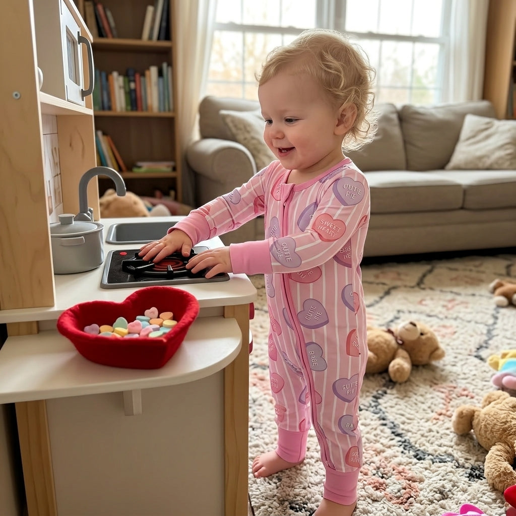 LR3325 Baby Girls Pink Heart Valentine's Day Long Sleeve Zipper Romper