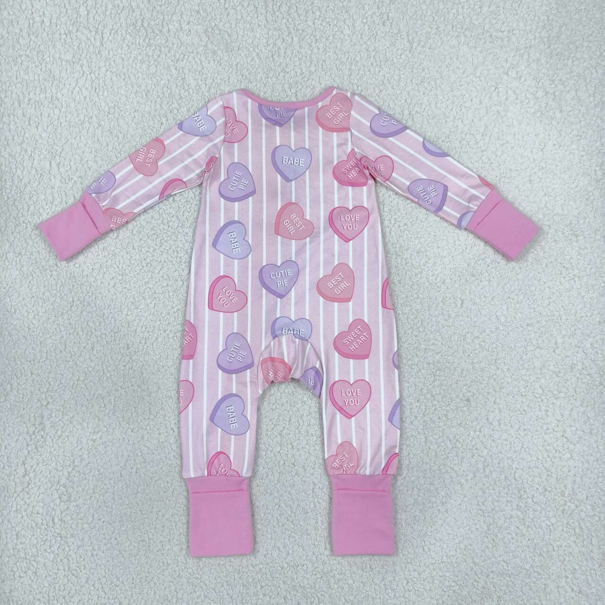 LR3325 Baby Girls Pink Heart Valentine's Day Long Sleeve Zipper Romper