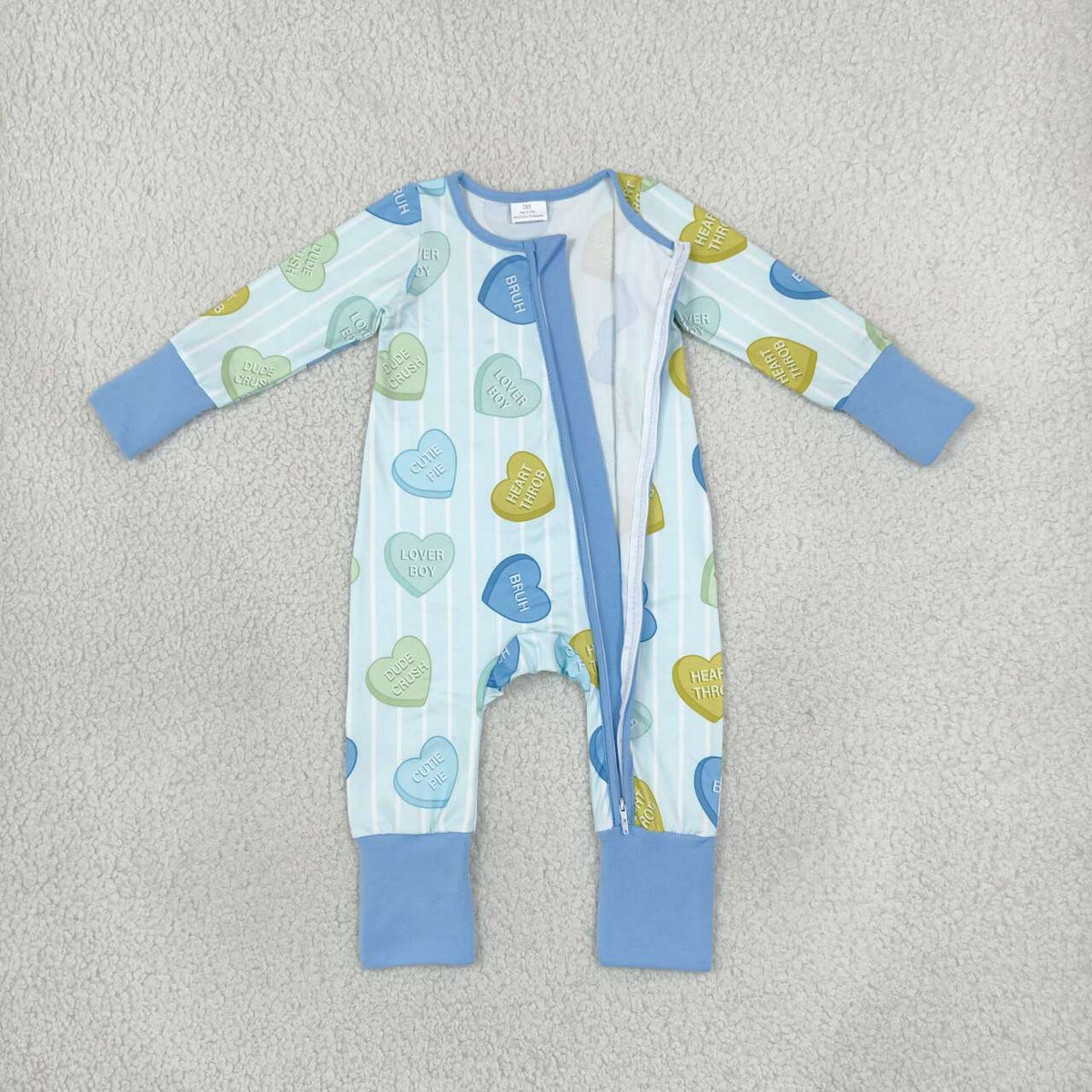 LR3326 Baby Boys Blue Heart Valentine's Day Long Sleeve Zipper Romper