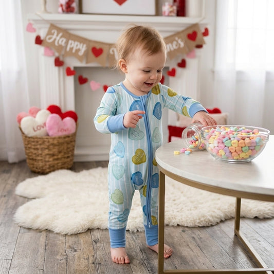 LR3326 Baby Boys Blue Heart Valentine's Day Long Sleeve Zipper Romper