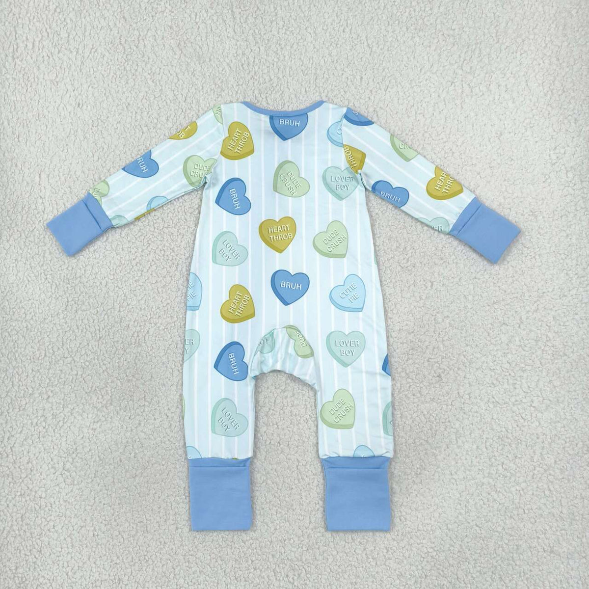 LR3326 Baby Boys Blue Heart Valentine's Day Long Sleeve Zipper Romper