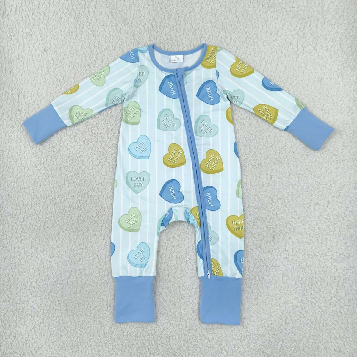 LR3326 Baby Boys Blue Heart Valentine's Day Long Sleeve Zipper Romper