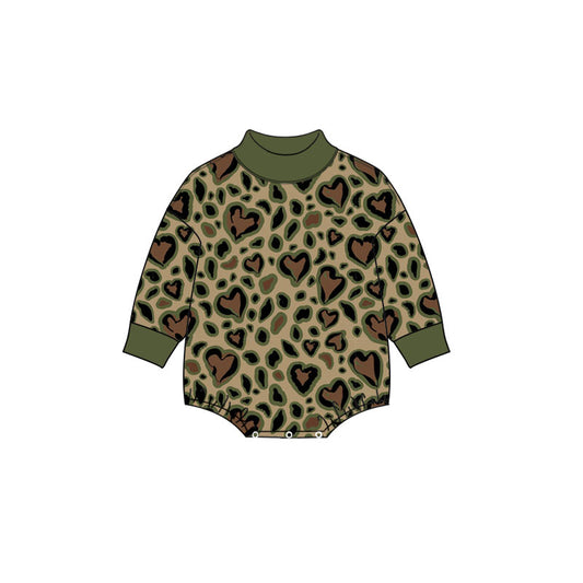 9.9 LR3333 Preorder Heart Leopard Green Print Baby Girls Valentine's Day Mock Neck Bubble Romper