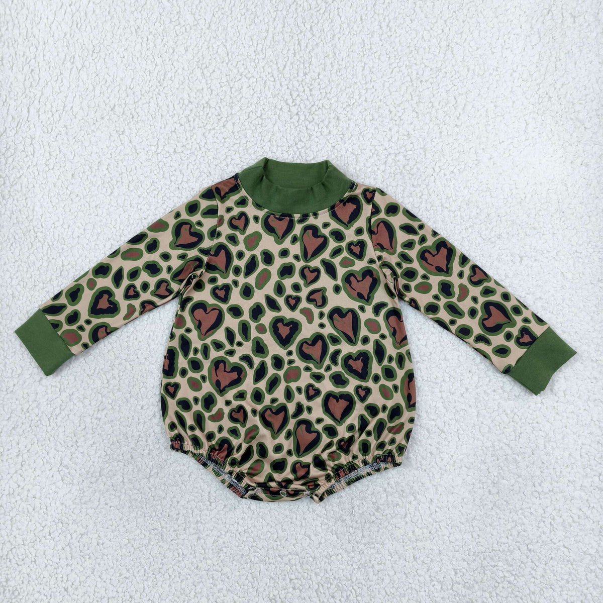 LR3333 Heart Leopard Green Print Baby Girls Valentine's Day Mock Neck Bubble Romper