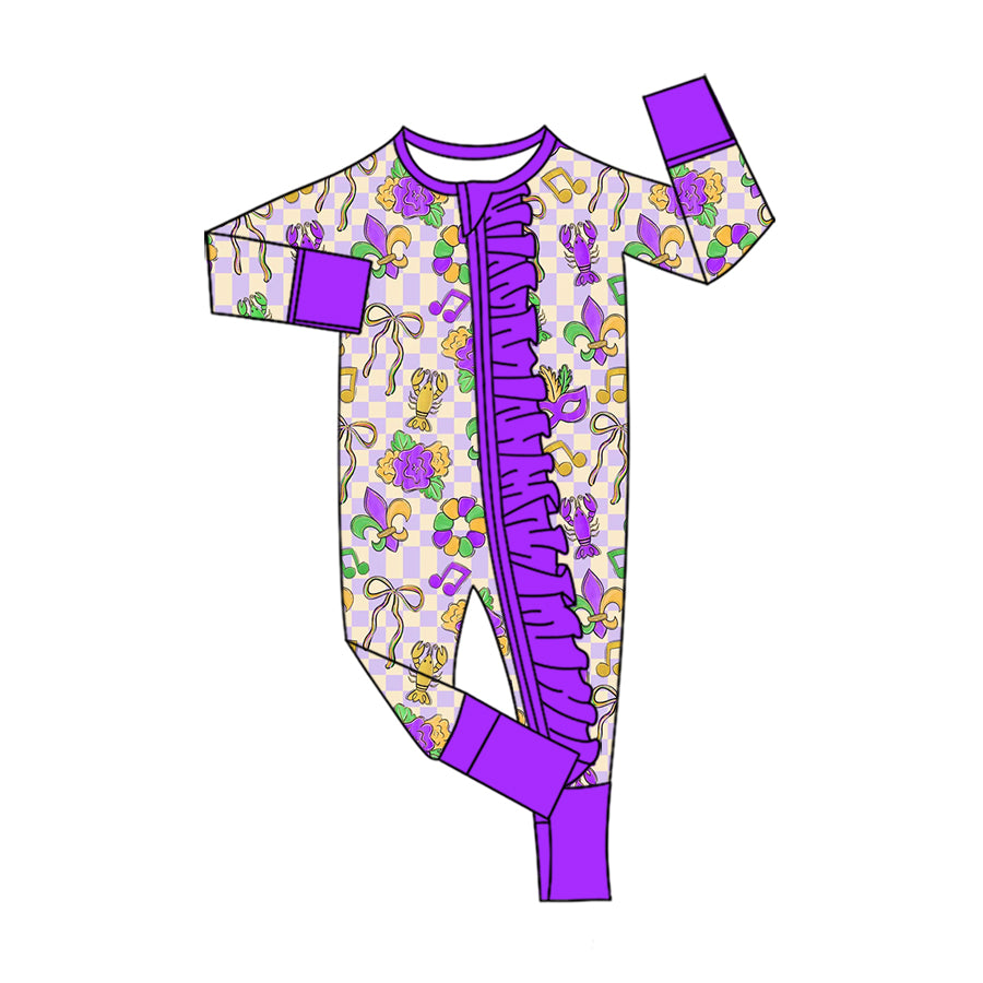 9.10 LR3335 Preorder Anchor Bows Crayfish Checkered Print Baby Girls Mardi Gras Zipper Sleeper Romper