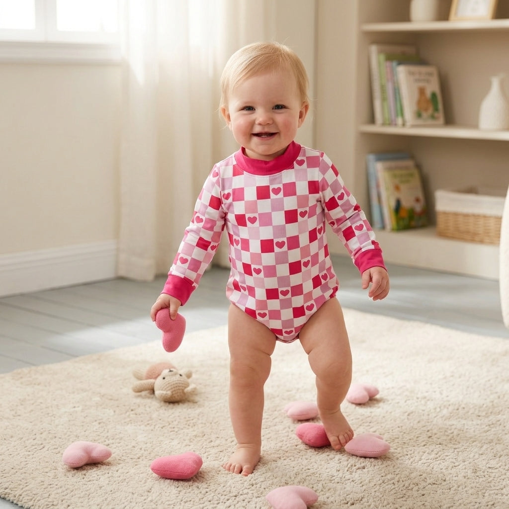 LR3337 Baby Girls Valentine's Day Hearts Checked Long Sleeve Romper