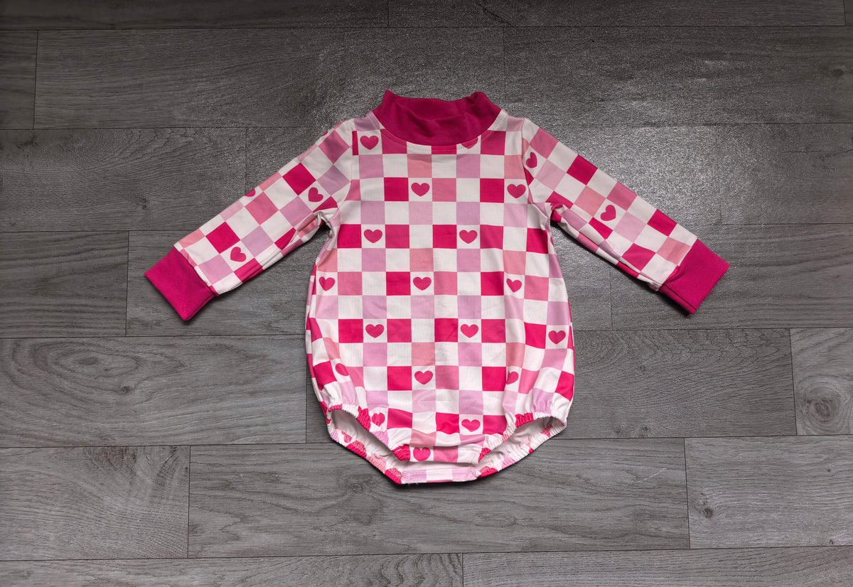 9.11 LR3337 Preorder Baby Girls Valentines Heart Checked Long Sleeve Romper