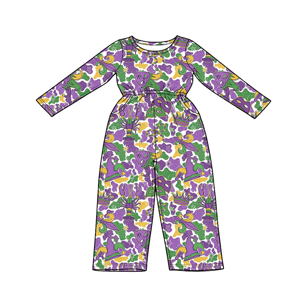9.14 LR3340 Preorder Anchor Crayfish Mask Camo Print Girls Mardi Gras Straight Jumpsuits