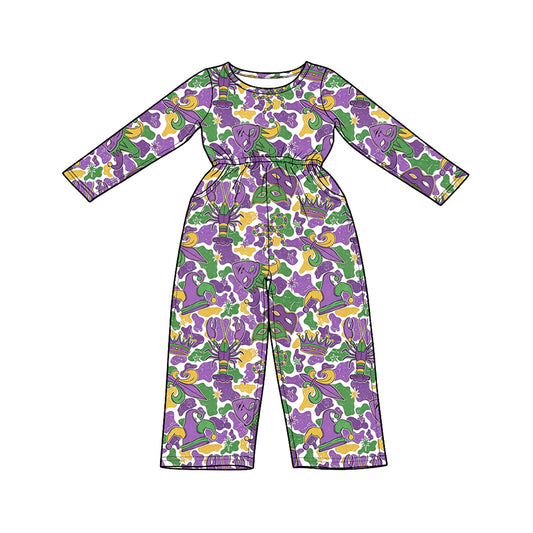 9.14 LR3340 Preorder Anchor Crayfish Mask Camo Print Girls Mardi Gras Straight Jumpsuits