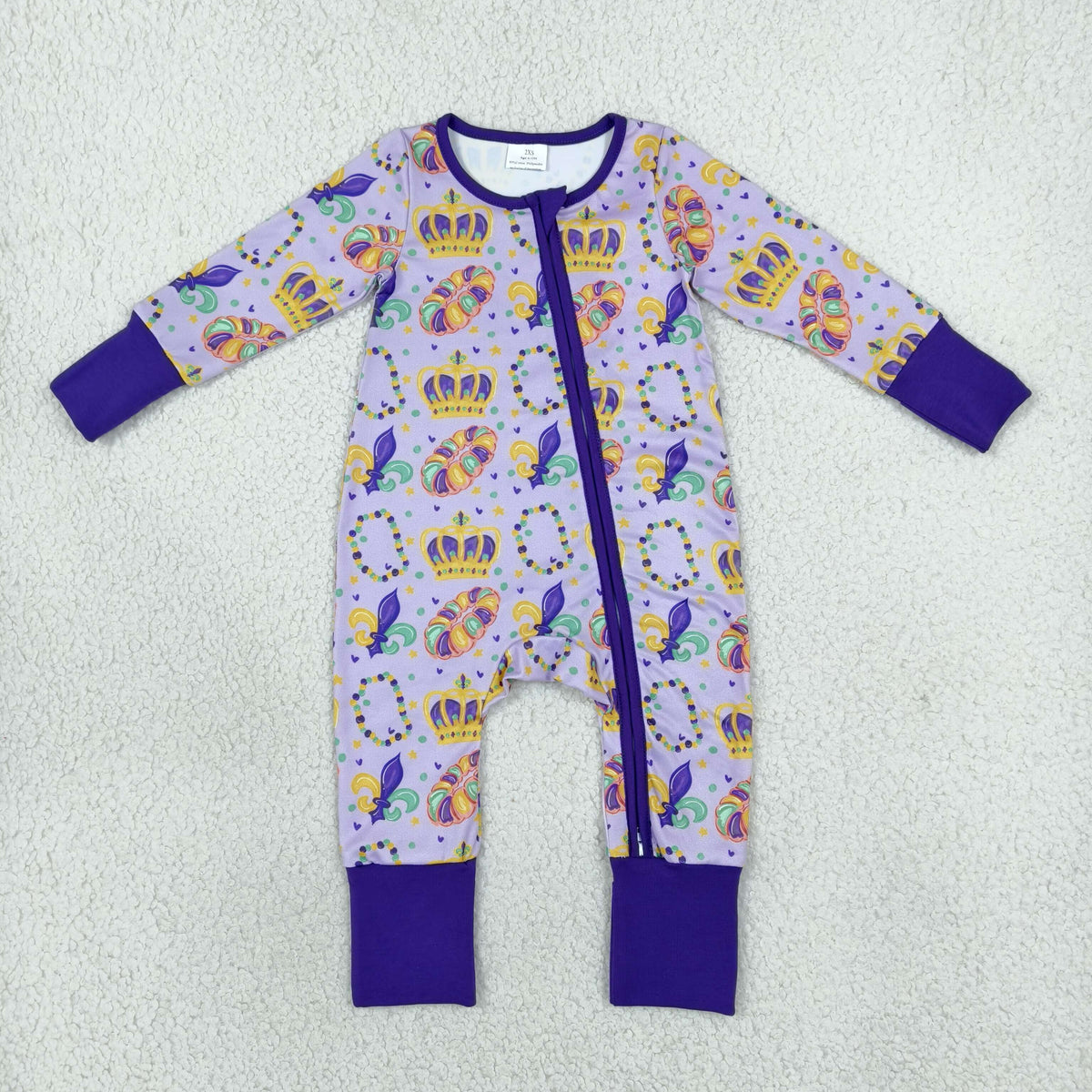 Sibling Baby  Mardi Gras Party Long Sleeve Pajama Set  and Zipper Romper