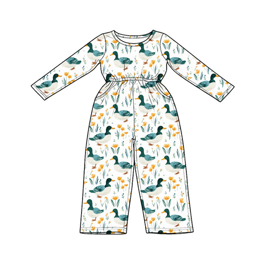 9.15 LR3347 Preorder Duck Flowers Print Pockets Girls Straight Jumpsuits