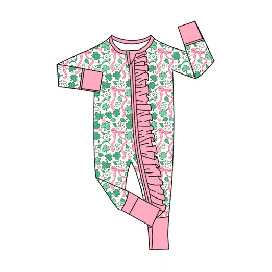 9.15 LR3351 Preorder 3‑leaf Clovers Bows Flowers Print Baby Girls St Patrick Day Zipper Sleeper Romper