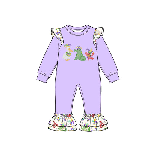 9.22 LR3365 Preorder Pelicans Crocodile Crayfish Purple Print Baby Girls Mardi Gras Ruffle Romper